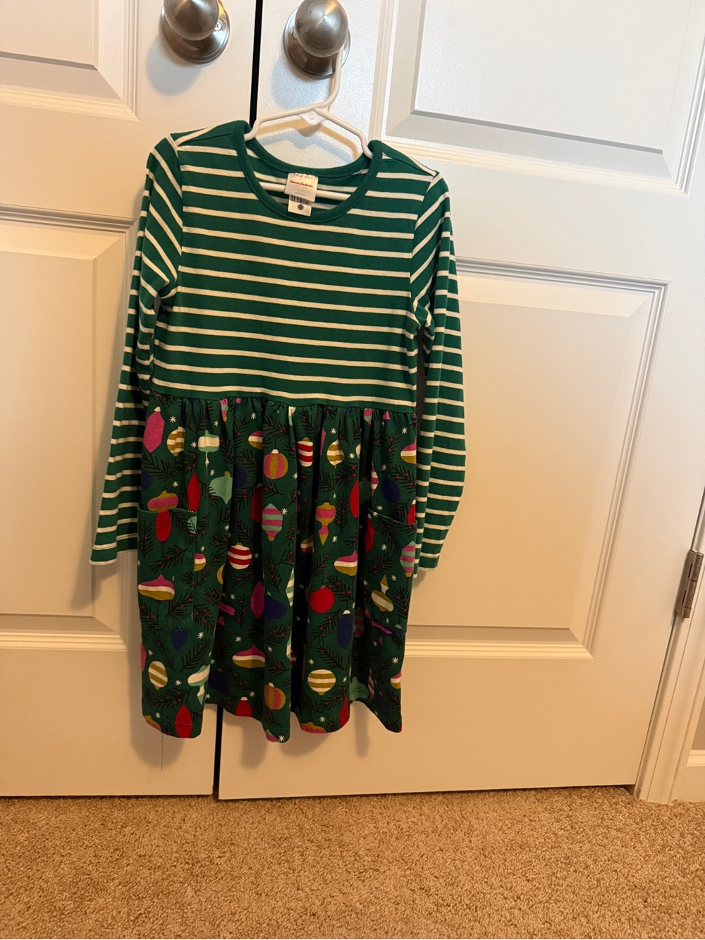 Green Striped Holiday Dress with Ornament Print
